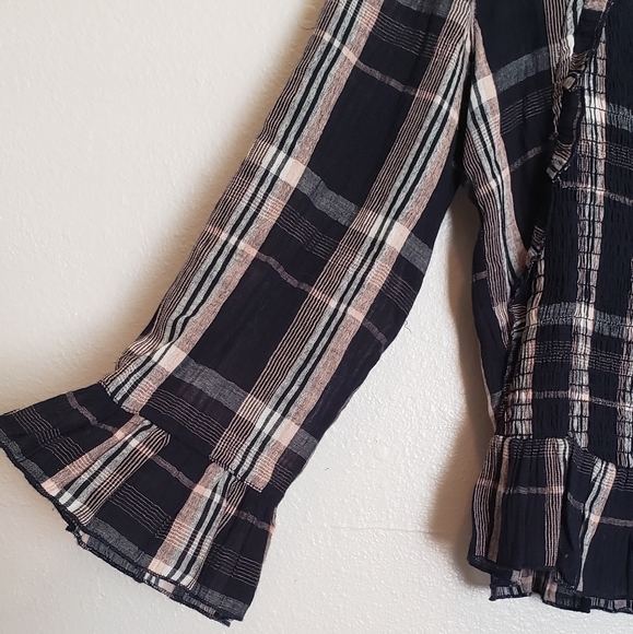 Free People NEW Plaid Shirred Ruffled Top - Picture 3 of 7